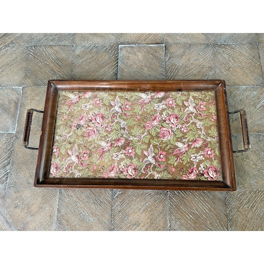 Antique Wood Framed Floral Bird  Tapestry Fabric Under Glass Handled Tray 10x19"